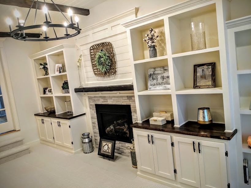 Additional finished view of fireplace and built-ins